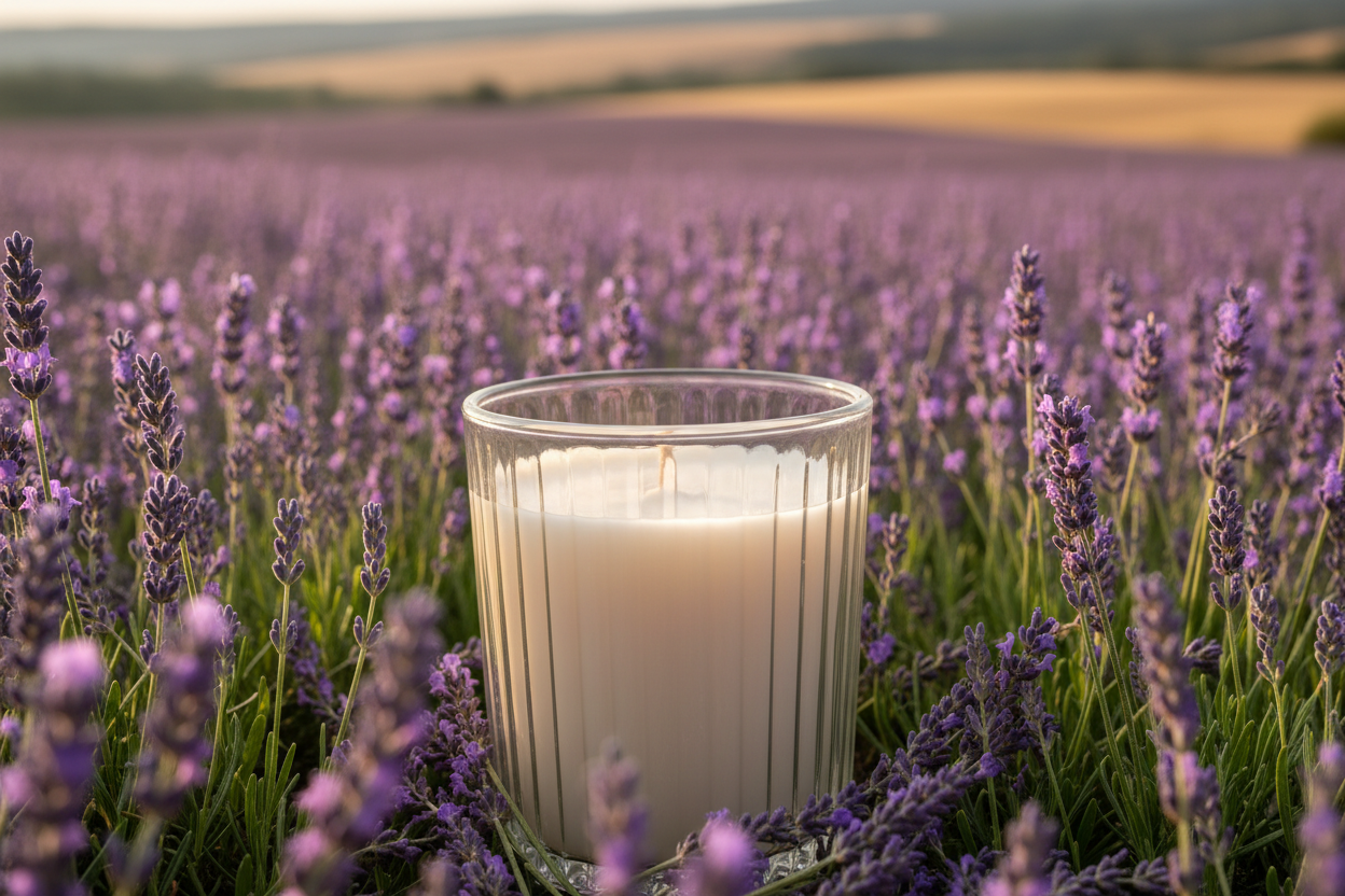 ribbed 8 ounce glass candle in lavender fields
